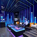 Modern KTV Interior With Blue Neon Lighting Comfortable Sofas Glass Tables And LED Screens
