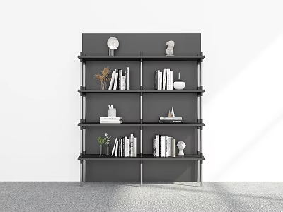 Black Bookshelf With Books Clock Sculptures Vase And Decorations On White Wall 3d model