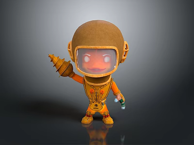 Cartoon Game Movie Character in Orange Diving Suit With Helmet Holding Tool and Green Bottle 3d model