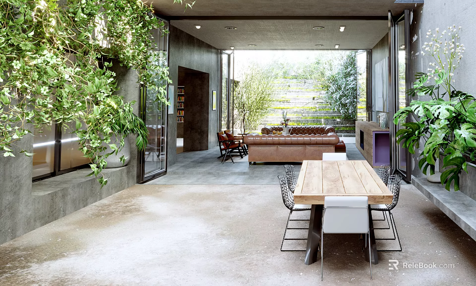 Modern Open Living and Dining Area With Wooden Table Sofa and Green Plants 3d model 