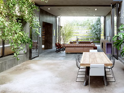 Modern Open Living and Dining Area With Wooden Table Sofa and Green Plants 3d model