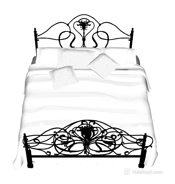 Ornate Wrought Iron Double Bed With White Sheets Pillows And Decorative Headboard Footboard 3d model 