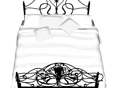 Ornate Wrought Iron Double Bed With White Sheets Pillows And Decorative Headboard Footboard 3d model