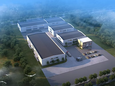 Aerial View Industrial Factory Complex With Multiple Buildings Parking Lot And Surrounding Trees 3d model