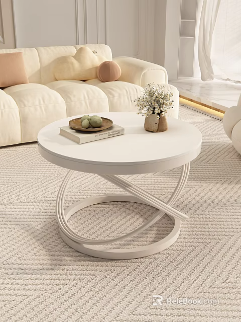 Elegant White Round Modern Coffee Table With Sofa Rug Vase Fruit Plate and Books 3d model 