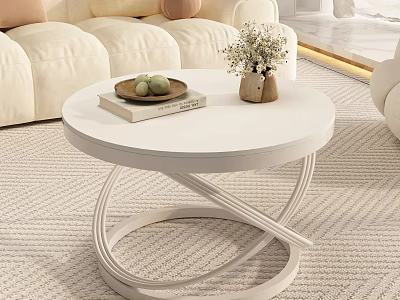 Elegant White Round Modern Coffee Table With Sofa Rug Vase Fruit Plate and Books 3d model