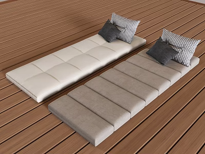 Comfortable Upholstered Loungers with Cream and Light Gray Cushions on Wooden Floor 3d model