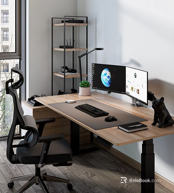 Modern Office Desk With Dual Monitors Keyboard Mouse Notebook Black Cat Figurine And Potted Plant 3d model 
