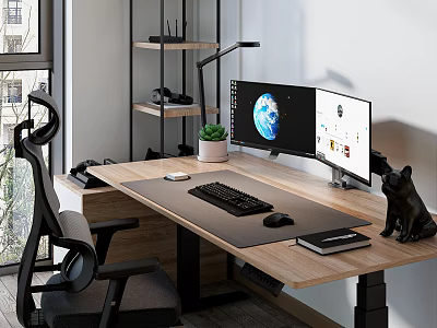 Modern Office Desk With Dual Monitors Keyboard Mouse Notebook Black Cat Figurine And Potted Plant 3d model