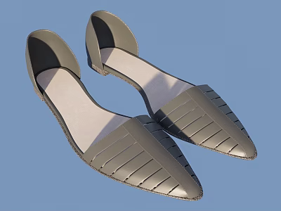 Gray Pointed Toe Flat Shoes With Striped Upper Design For Women 3d model