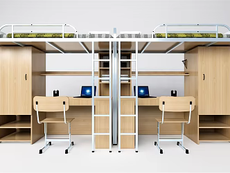 Modern bed and bed dormitory bed and table 3d model