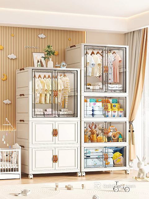 White Storage Cabinet with Transparent Doors for Storing Children's Clothes and Toys in Bedroom 3d model 