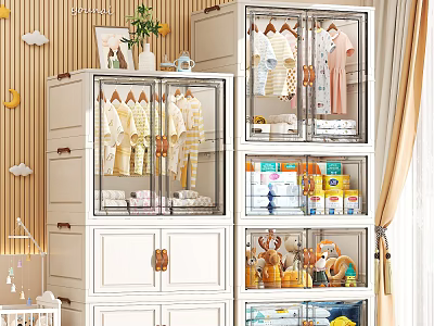 White Storage Cabinet with Transparent Doors for Storing Children's Clothes and Toys in Bedroom 3d model