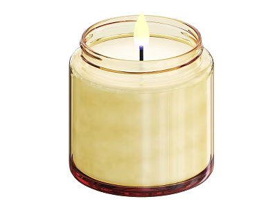 Transparent Glass Jar Candle Lamp With Yellow Wax Red Base And Burning Flame 3d model