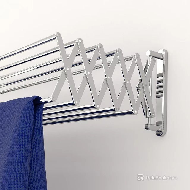 Silver Foldable Towel Rack with Blue Towel Mounted on White Wall Design 3d model 