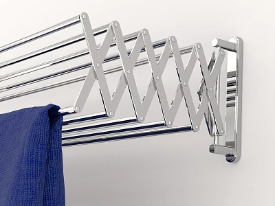 Silver Foldable Towel Rack with Blue Towel Mounted on White Wall Design 3d model
