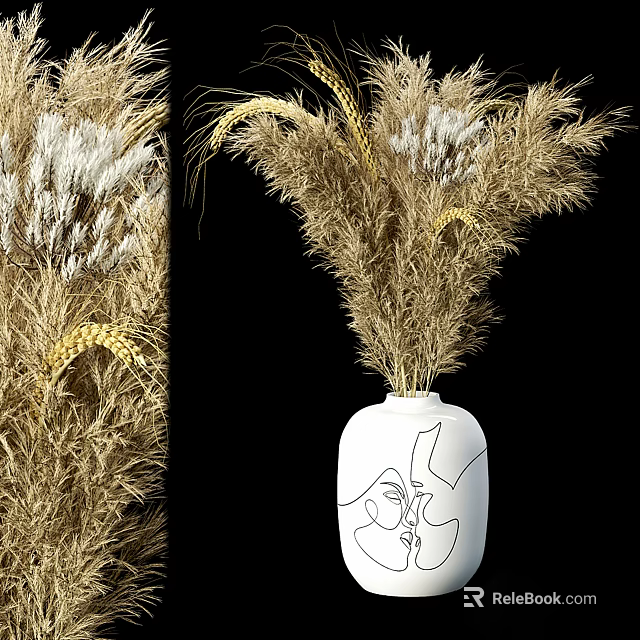 White Vase With Dried Pampas Grass And Abstract Line Design For Home Decor 3d model 