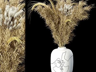 White Vase With Dried Pampas Grass And Abstract Line Design For Home Decor 3d model