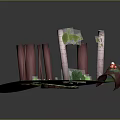 Cartoon Forest Scene With Tree Trunks Green Grass Red Mushrooms And Small Characters
