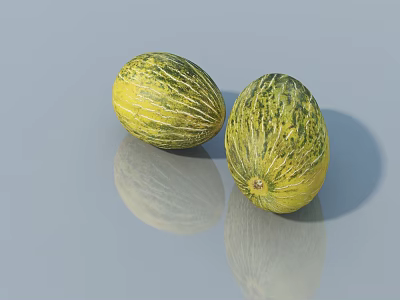 Fresh Yellow Green Striped Melon Vegetables On Smooth Gray Surface With Reflection 3d model