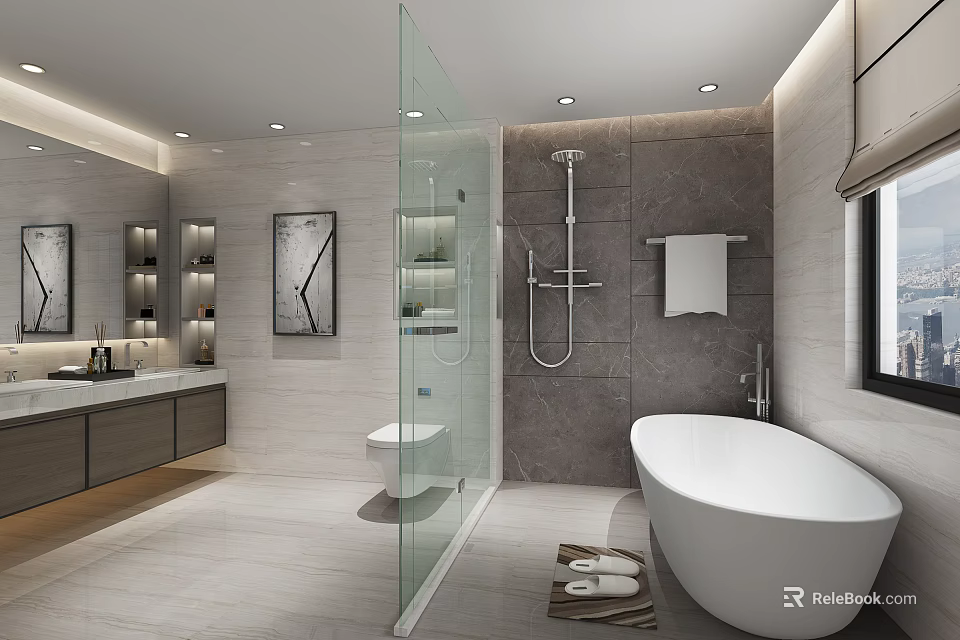Modern Bathroom Interior Design With Freestanding Bathtub Glass Shower Partition Vanity And Tile Walls 3d model 