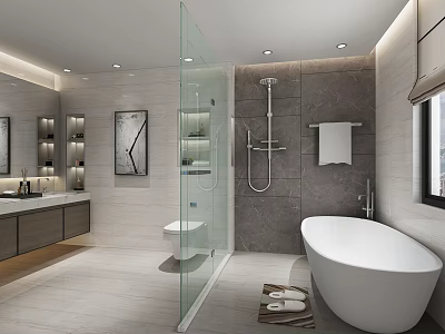 Modern Bathroom Interior Design With Freestanding Bathtub Glass Shower Partition Vanity And Tile Walls 3d model