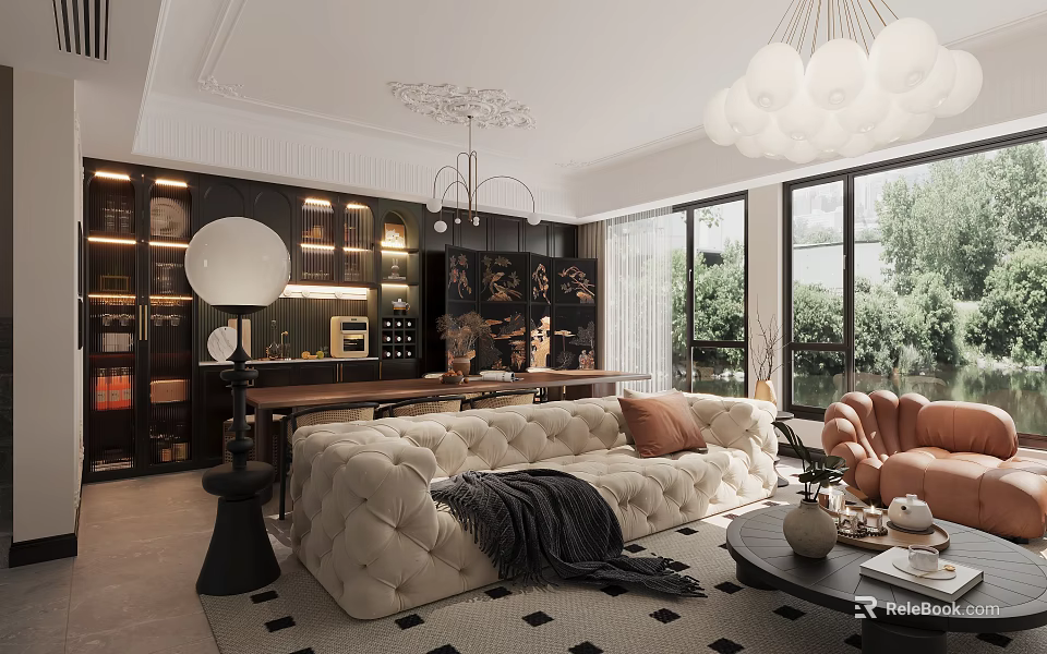 Elegant Modern Dining and Living Room Interior With Large Windows Chandelier Tufted Sofa Coffee Table And Display Cabinets 3d model 