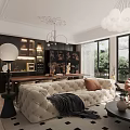 Elegant Modern Dining and Living Room Interior With Large Windows Chandelier Tufted Sofa Coffee Table And Display Cabinets