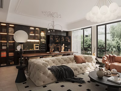 Elegant Modern Dining and Living Room Interior With Large Windows Chandelier Tufted Sofa Coffee Table And Display Cabinets 3d model
