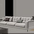 Beige Modern Sofa With Striped Plaid Cushions And Black Coffee Table In Bright Living Room