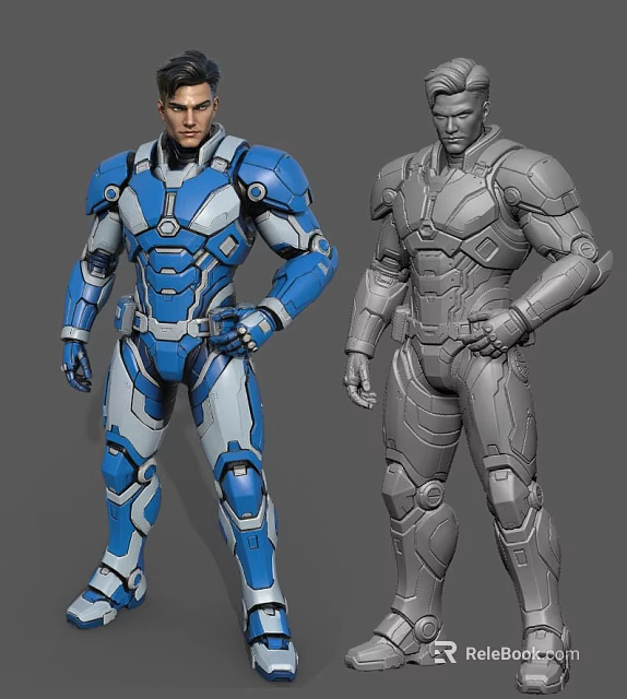 Men In Blue White And Gray Armored Suits Standing Pose Design 3d model 