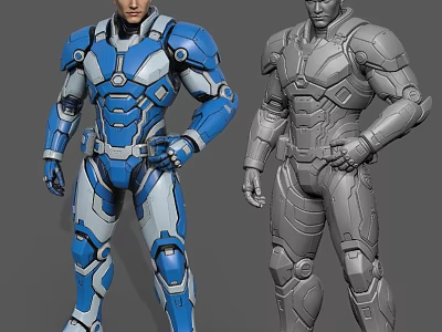 Men In Blue White And Gray Armored Suits Standing Pose Design 3d model
