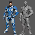 Men In Blue White And Gray Armored Suits Standing Pose Design
