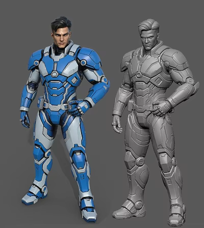 Men In Blue White And Gray Armored Suits Standing Pose Design 3d model