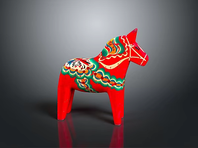 Red Traditional Decorative Wooden Horse With Colorful Cloud And Floral Patterns 3d model
