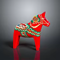 Red Traditional Decorative Wooden Horse With Colorful Cloud And Floral Patterns