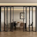 Modern Black Frame Glass Folding Doors Open To Dining Room With Wooden Floor