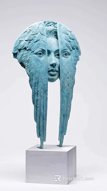 Stylish Blue Face Sculpture with Wing Accents Decorative Ornament Set for Home Decor 3d model 
