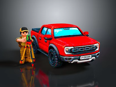 Red Pickup Truck With Cartoon Character Standing Beside Tripod And Tools 3d model