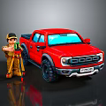 Red Pickup Truck With Cartoon Character Standing Beside Tripod And Tools