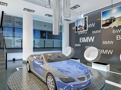 BMW Showroom Display With Blue Convertible Car And Brand Logos 3d model