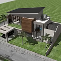Modern Detached Villa With White Exterior Wooden Accents Large Windows Green Lawn And Palm Trees