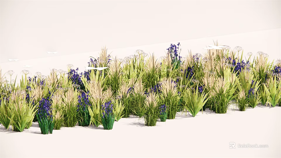 Lush Green Grass And Purple Flowers In Decorative Garden Plant 3d model 