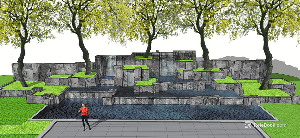 Modern Garden Landscape Features With Stone Block Structures Green Platforms Water Features And Leafy Trees 3d model