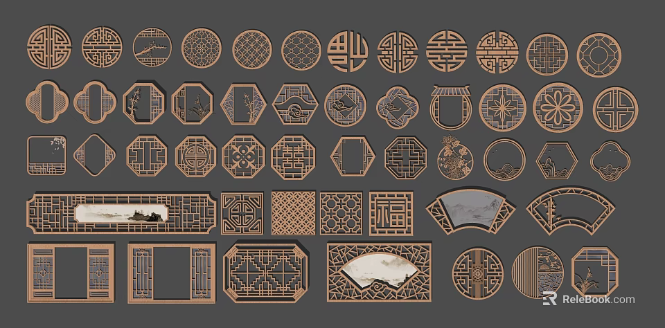 Chinese Traditional Carved Lattice Windows With Various Shapes And Patterns 3d model 