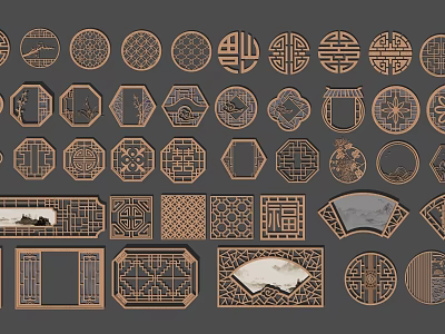 Chinese Traditional Carved Lattice Windows With Various Shapes And Patterns 3d model