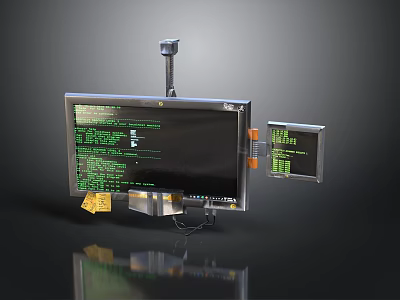 Modern Digital Monitor Setup with Green Code Interface Small Screen Camera and Yellow Device 3d model