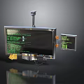 Modern Digital Monitor Setup with Green Code Interface Small Screen Camera and Yellow Device