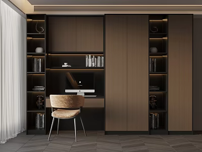 Modern Open Study Room Interior With Wooden Bookshelves Desk And Chair 3d model