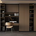 Modern Open Study Room Interior With Wooden Bookshelves Desk And Chair